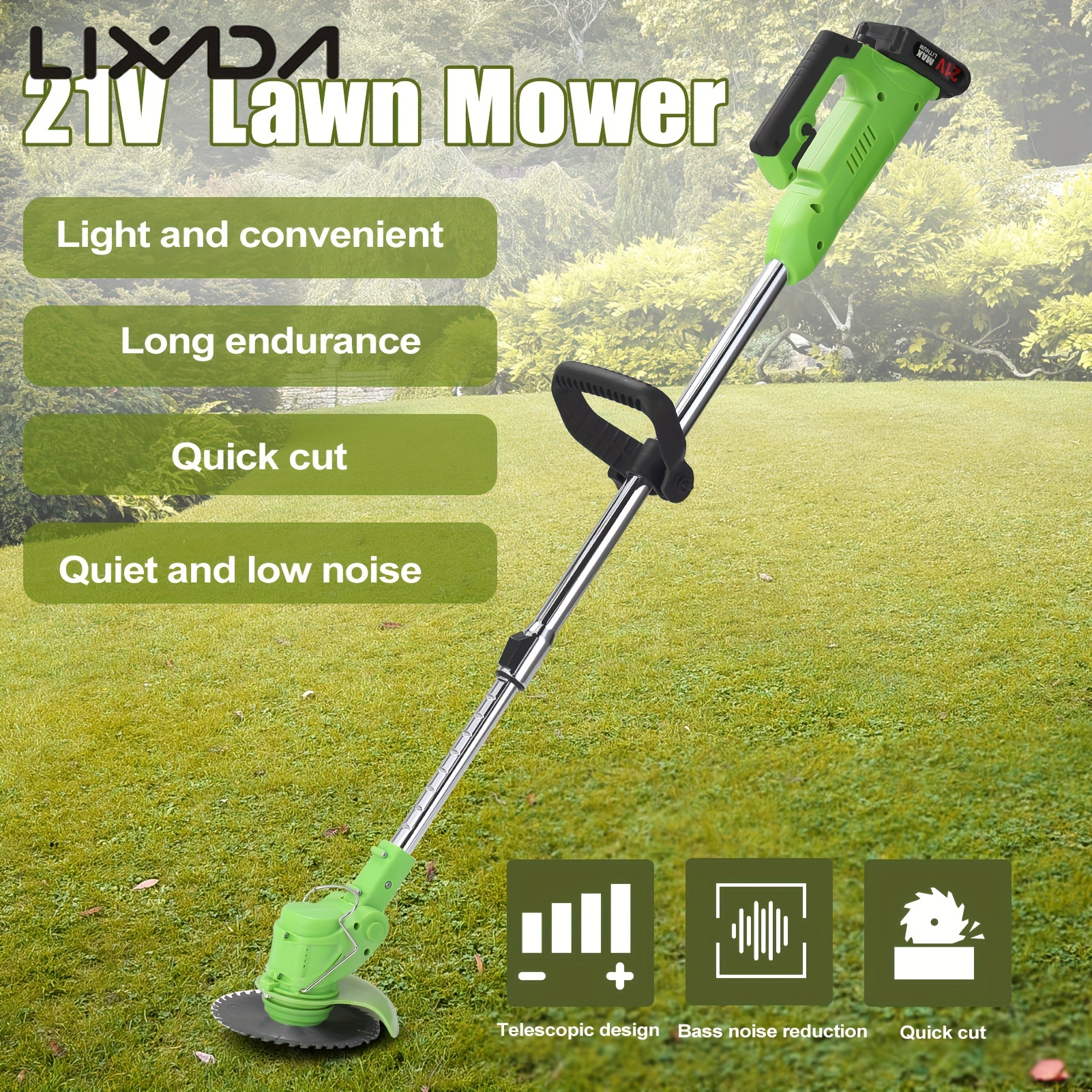 

Lixada 21v Cordless Electric Lawn Mower - Rechargeable Li-, Adjustable Head & Telescopic Handle, 3 Blade Types, Lightweight & Quiet Design For Maintenance