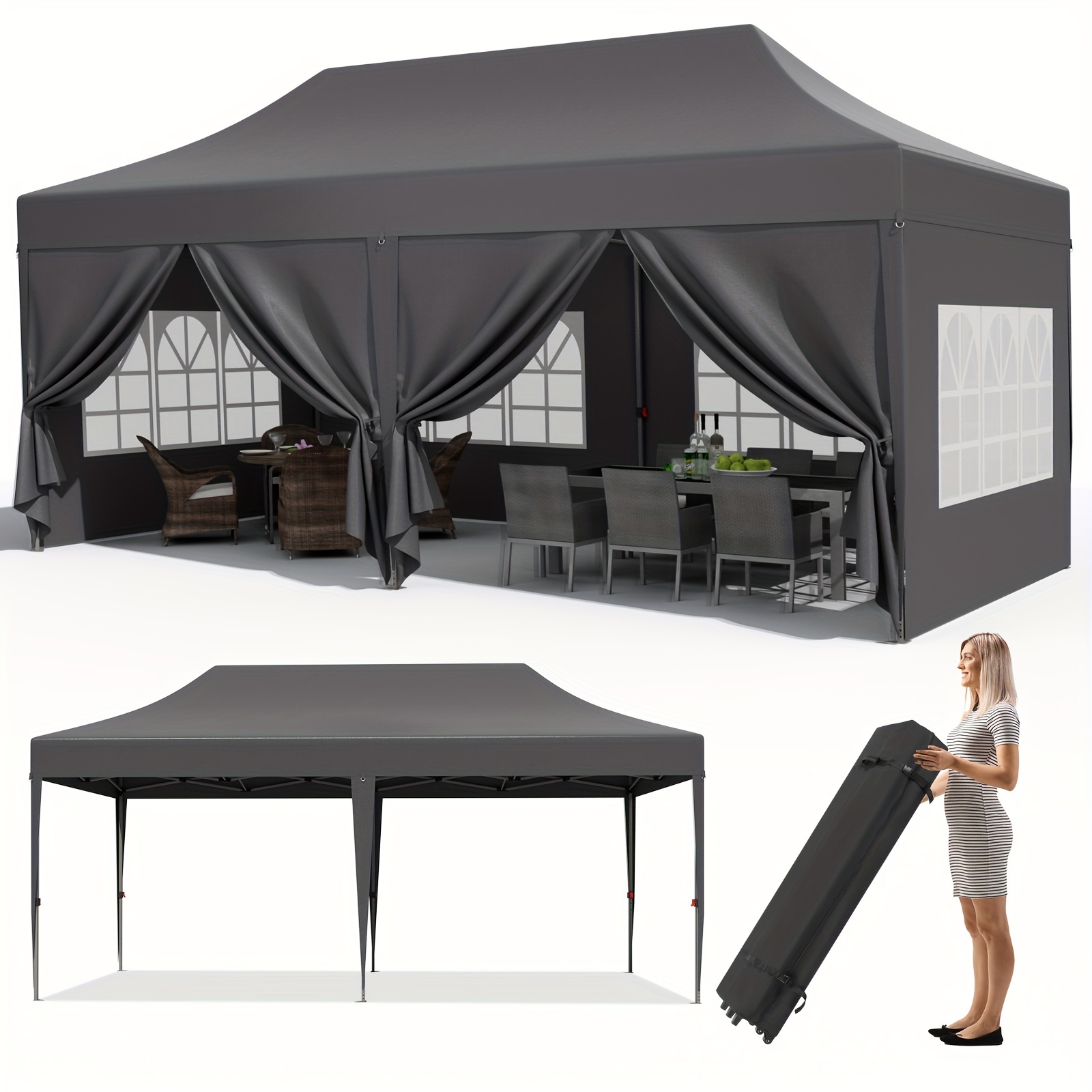 

10x20ft Pop Up Canopy Tent W/6 Sidewalls, Heavy Duty Wedding Party Tent, Height Adjustable Large Commercial Gazebo, Instant Sun Protection Shelter W/upgraded 3 Raised Roofs, Wheeled Bag