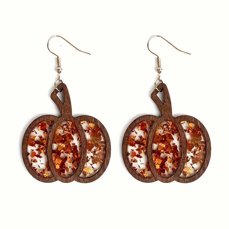 

Wooden Pumpkin Drop Earrings With Acrylic Glitter, Vintage & Minimalist Style, Orange Dangle Earrings For Women, Fashion Hollow-out Autumn Thanksgiving Halloween Jewelry Accessories