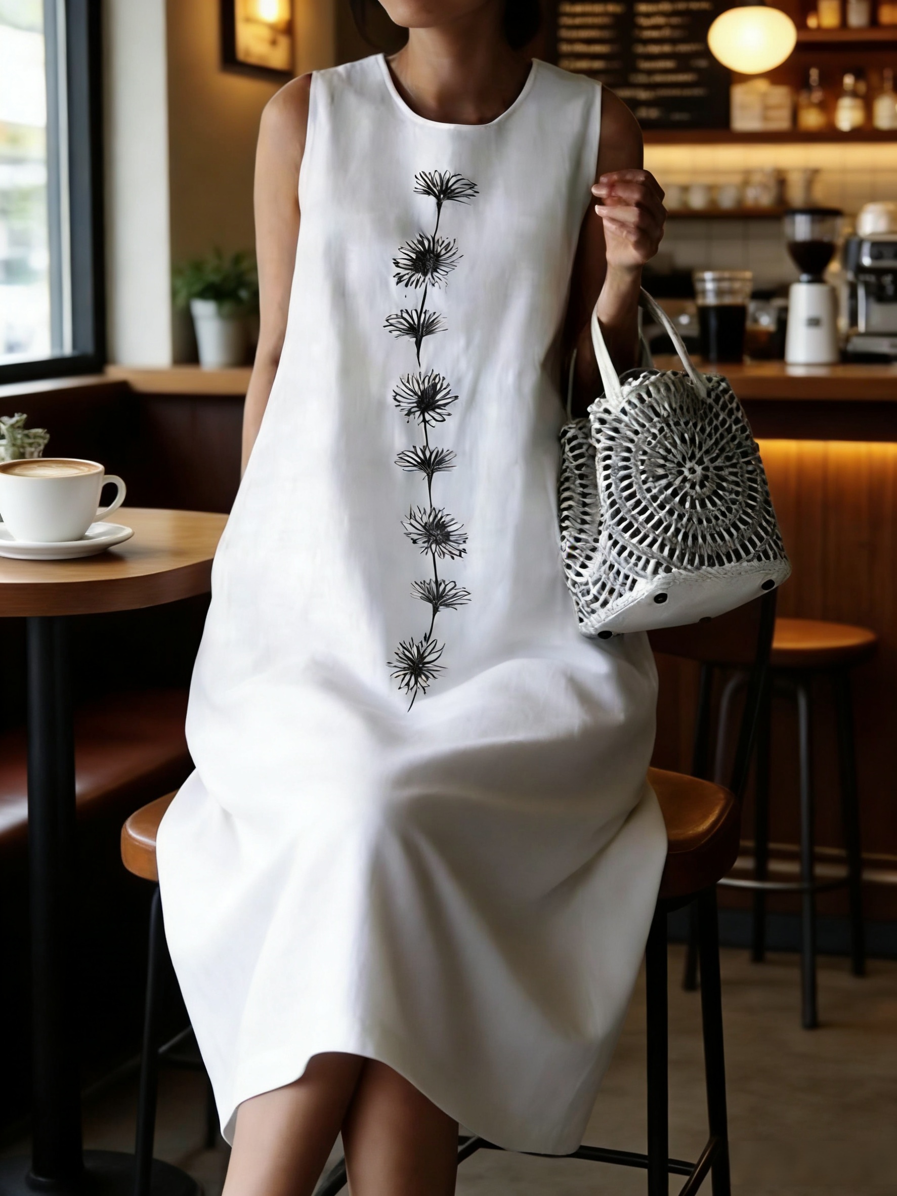 Elegant White Floral Print Long Tunic Dress | Crew Neck, Embroidered Detail, Perfect For All-Season And Casual To Vacation Wear