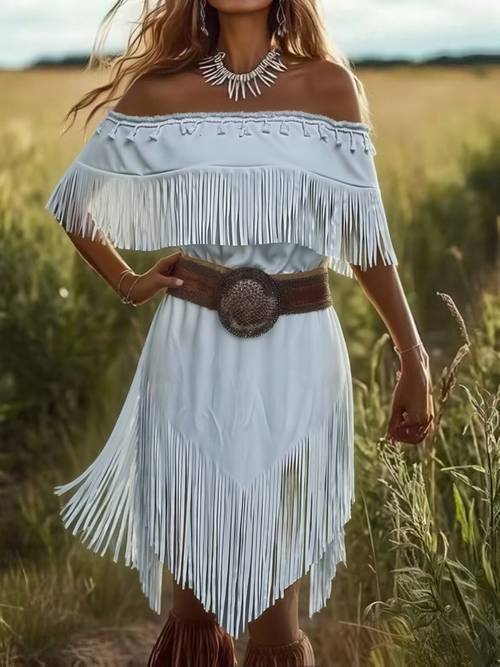 off the shoulder retro western style tassel comfortable length womens dress no belt