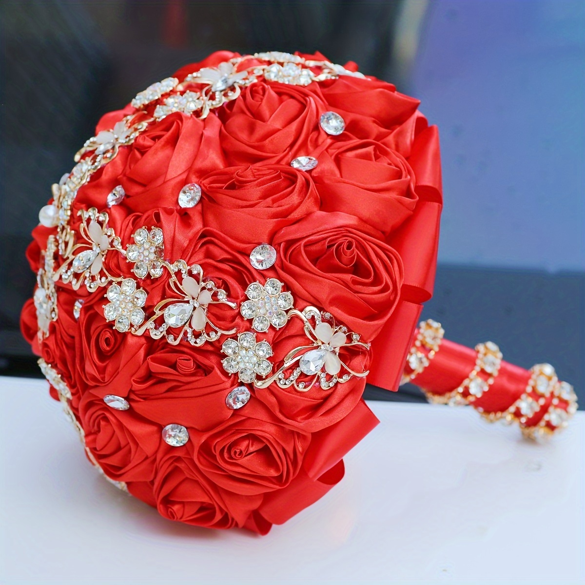   marosim uchun buket, kristal aksessuarlar bilan, to'y qo'l gullari, to'liq lentali, kelinning buketi, hashamatli marosim bezaklari tafsilotlari 17