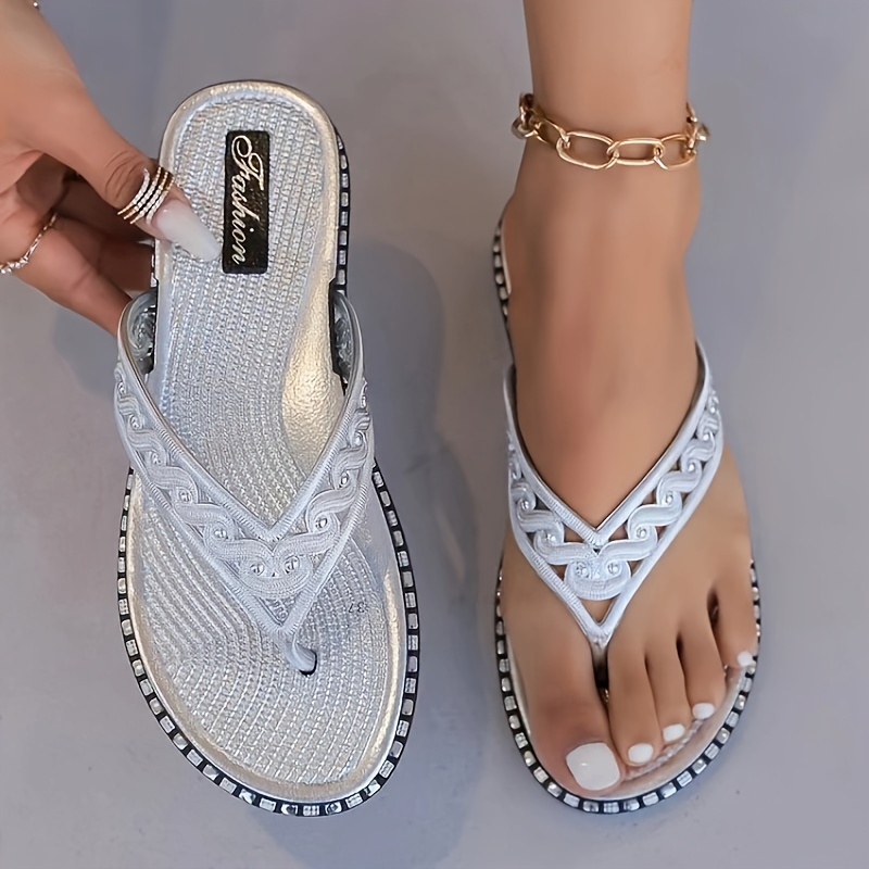 

Women's Rhinestone Decor Flip Flops, Casual Clip Toe Summer Shoes, Comfortable Slip On Beach Shoes