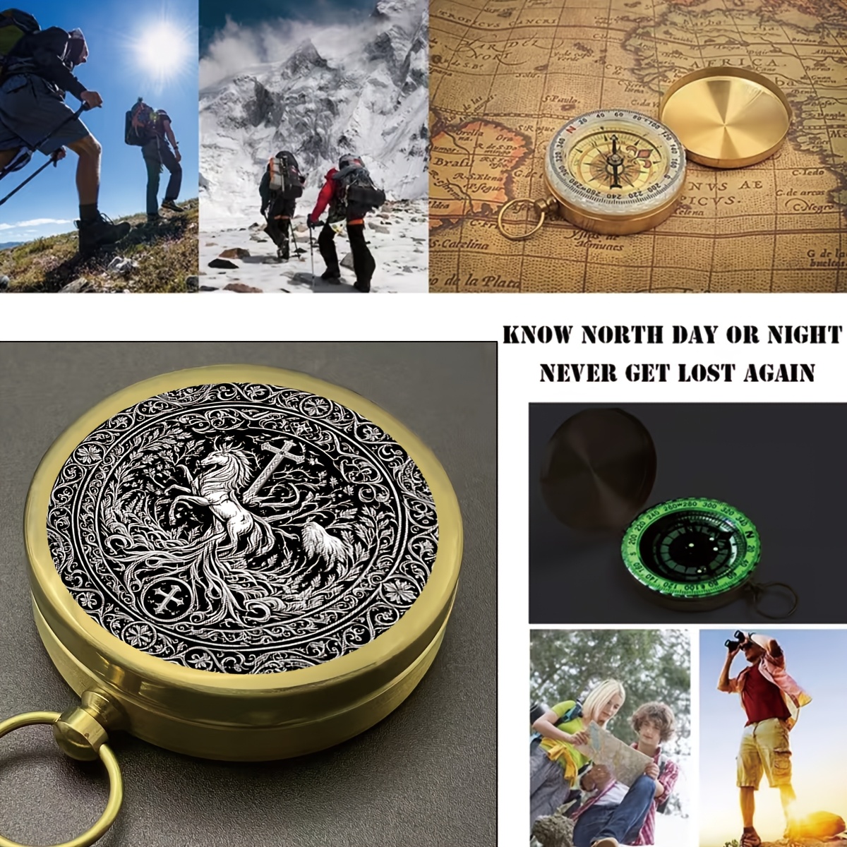 Gothic Unicorn Design Copper Compass Keychain for Outdoor Navigation