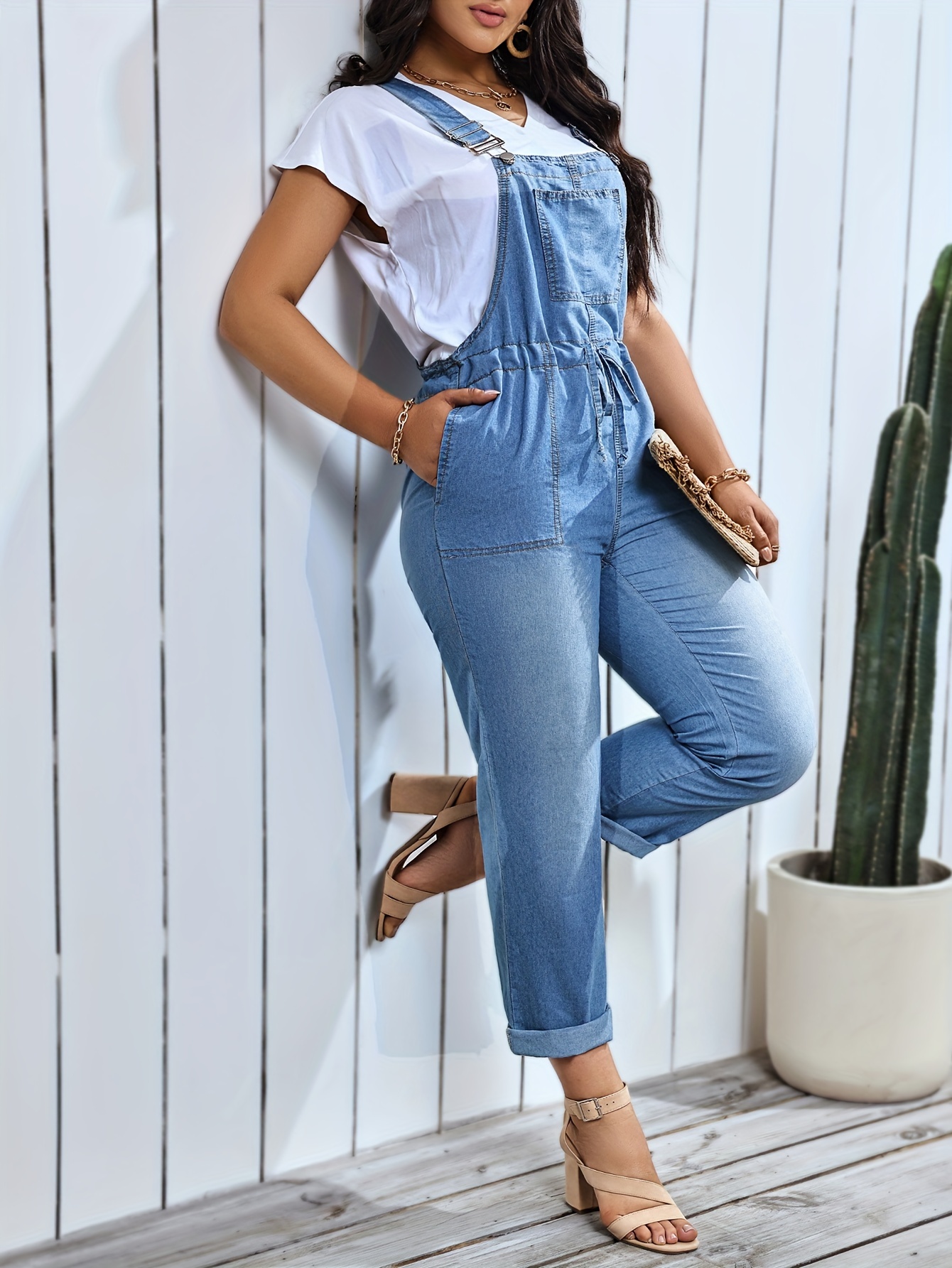 Plus Size Casual Denim Overalls for Tall Women, Comfortable Cotton Blend  with Drawstring Waist, Solid Vintage Wash, Elegant Sleeveless Loose-Fit  with
