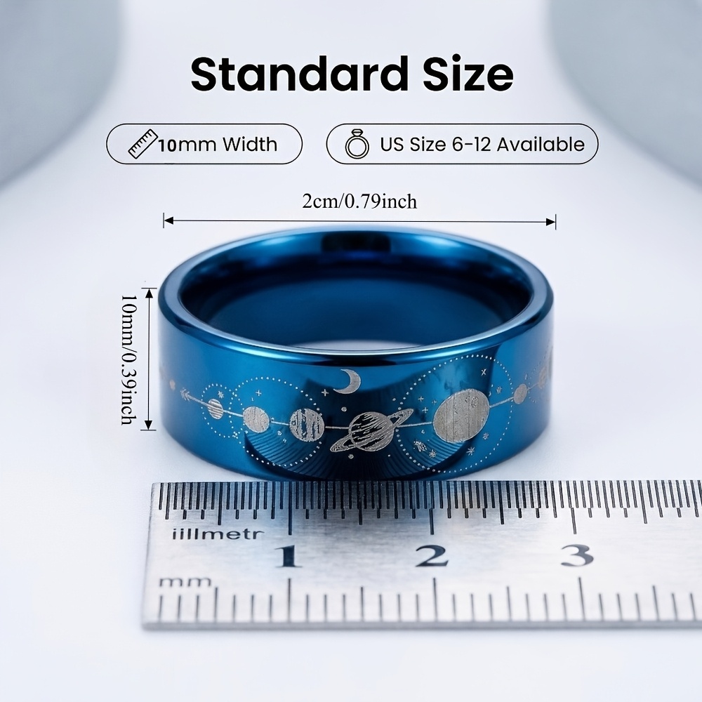 Engraved Blue Tungsten Carbide Cosmic Planet Wedding Band