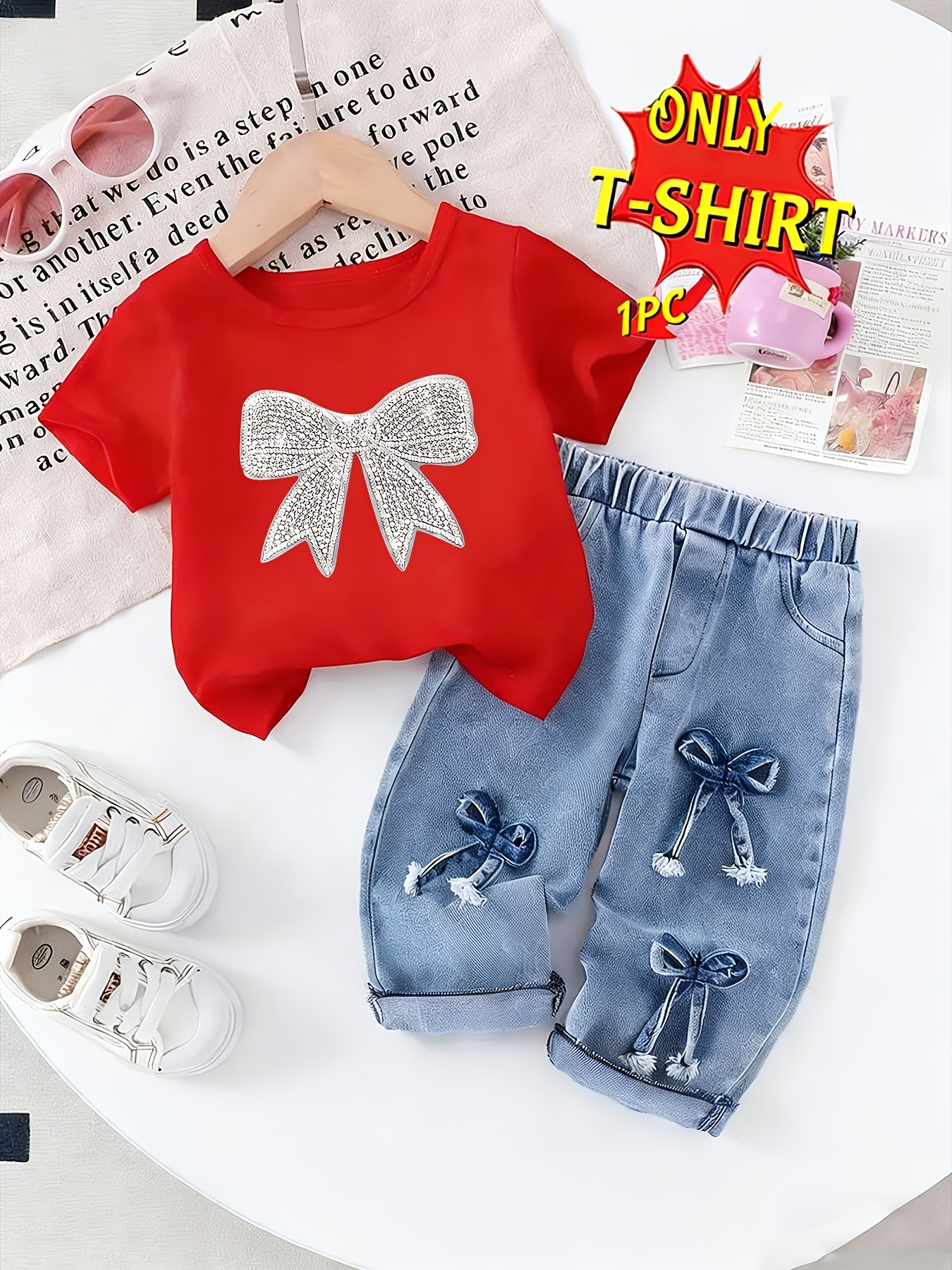 girls fashion t shirt personalized cartoon white bow print t shirt comfortable round neck short sleeves