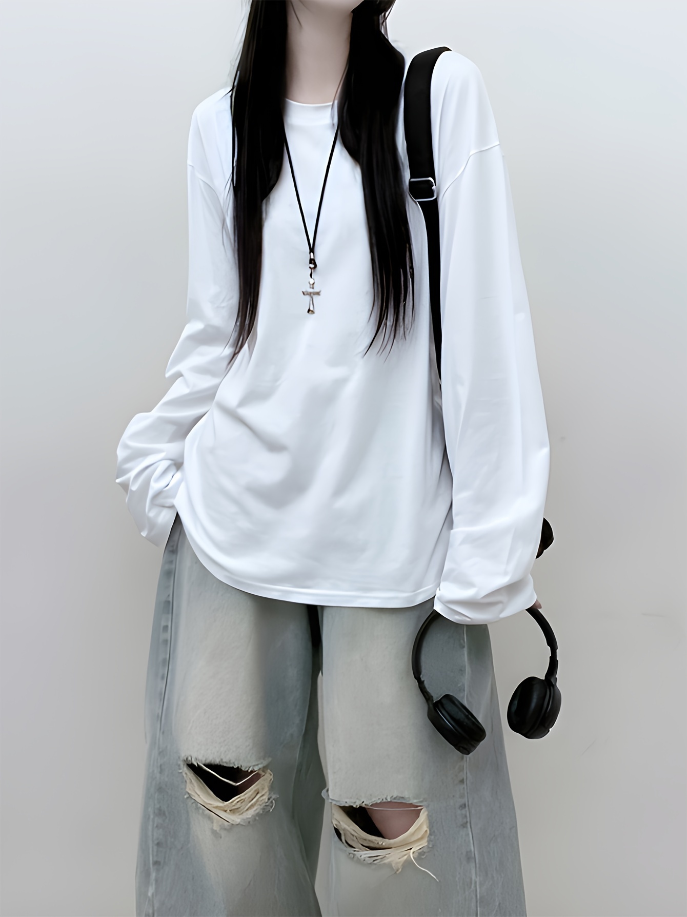 women's y2k style cotton long sleeve t shirt crew neck