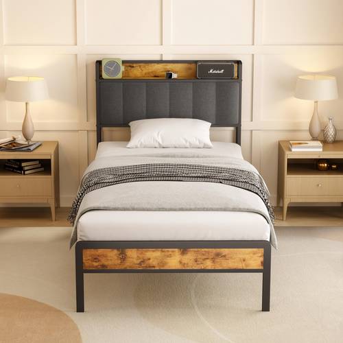 stylish upholstered wooden bed with metal frame elegant double bed with wooden slatted support and supportive headboard any bedroom dark grey grey
