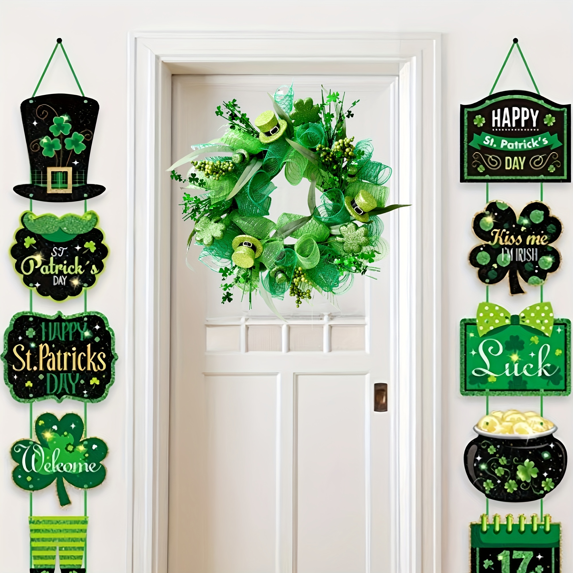 

20-inch Green Irish Hat Wreath With -leaf Clover, 's Day Door And Wall Hanging Decoration, Irish Holiday Room And Kitchen Decor