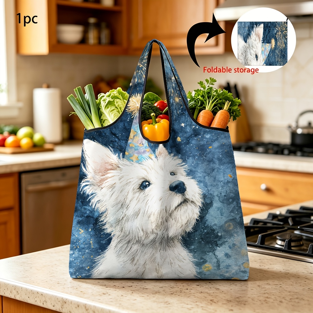 TEMU 1pc Reusable Grocery Bag With Watercolor West Highland Print Foldable Portable Shopping Bag For Daily Grocery Shopping Storage