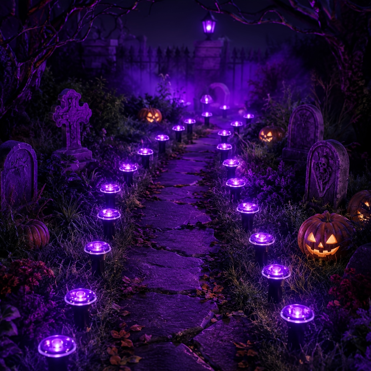 Image of Solar Halloween Stake Lights, 10/20/40pcs Purple Pathway Guide Lights With 12 Flashing , Dusk-to-dawn Outdoor Lawn Decor For Yard, Walkway And Haunted House For Halloween Parties