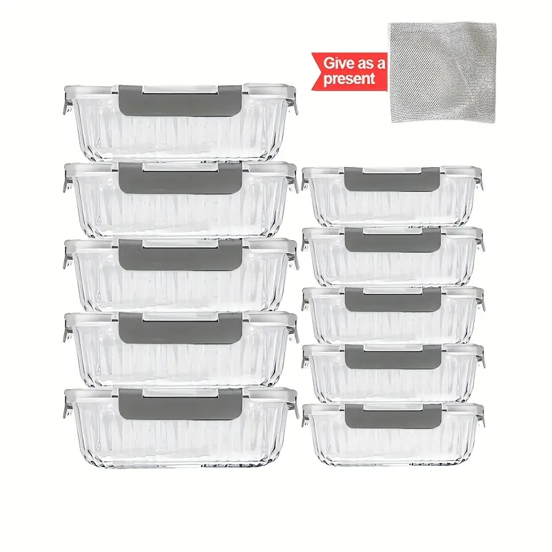 21pcs 10 glass bowls 10 sealed lids 1 dishcloth of high borosilicate sealed lid food storage container glass reusable suitable for food storage in microwave ovens ovens refrigerators dishwashers offices schools and camping Product details 6