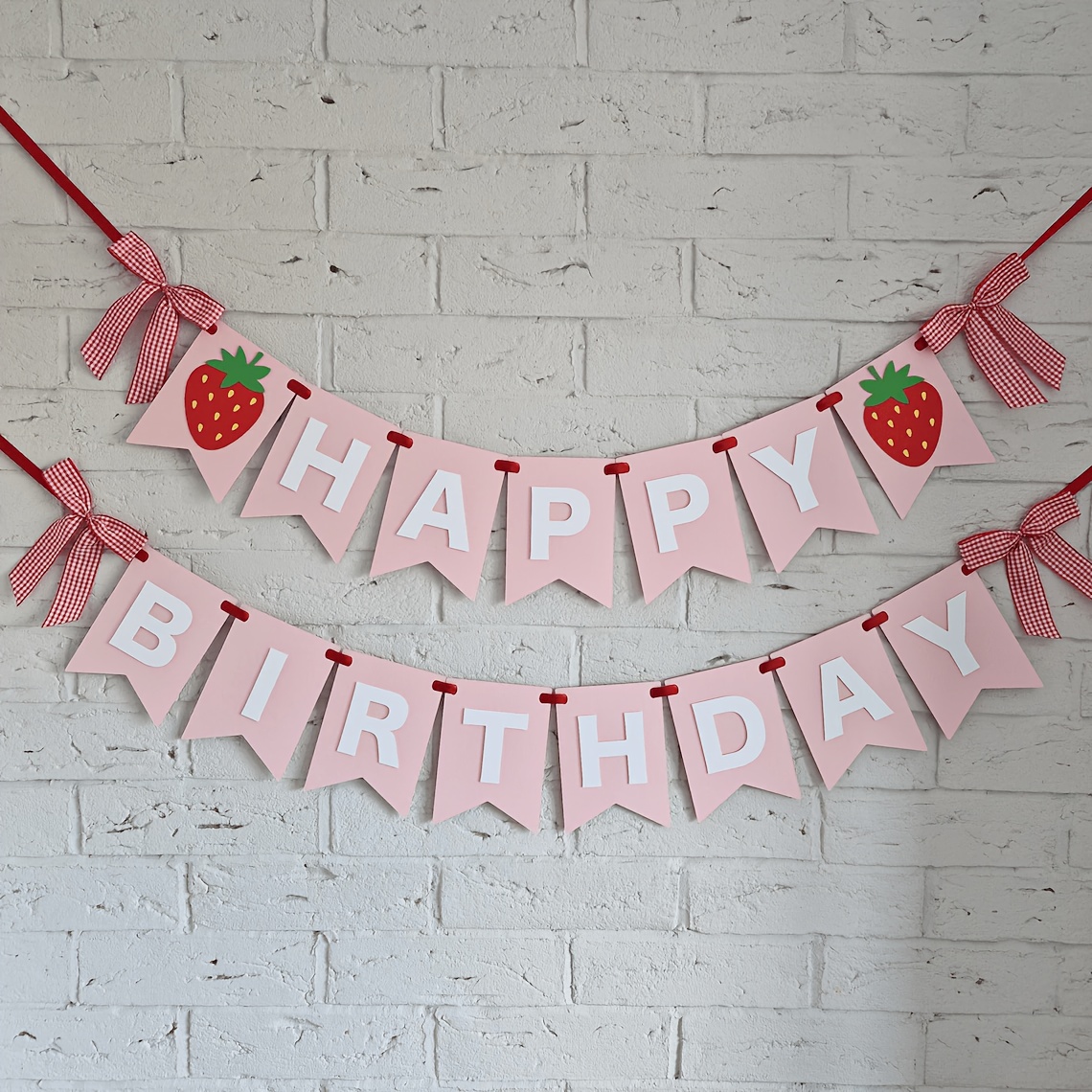 Image of 17pcs New Strawberry Theme Birthday Letter Banner With Bow Ribbons For Birthday Party Background Decoration
