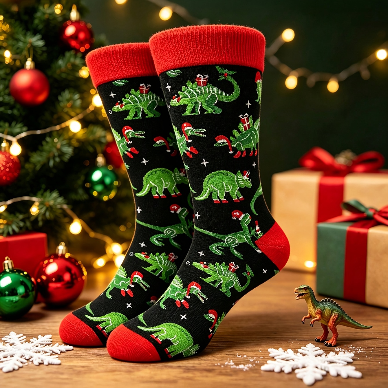 TEMU 1 Pair Of Black-based Christmas Dinosaur Mid-calf Socks For Men And Women, Featuring A Red Contrasting Cuff And Heel. Multiple Styles With Green