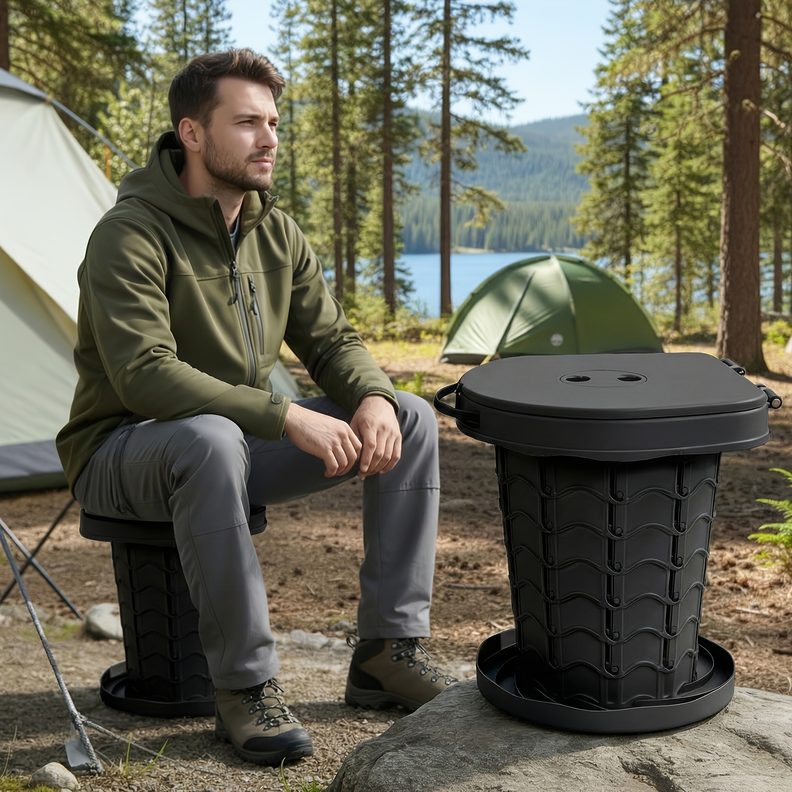 TEMU Foldable Portable Camping Toilet Height Adjustable 7.4-34.3cm Multifunctional Telescopic Stool, Trash Can & Emergency Toilet For Camping Fishing