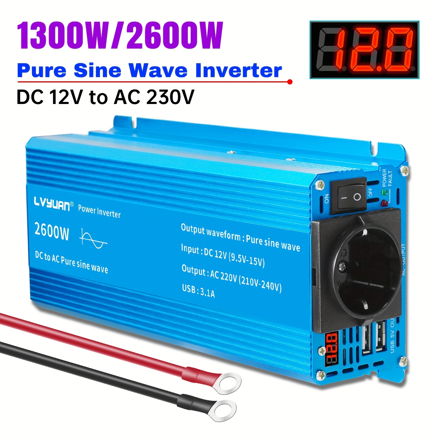 Image of Lvyuan Pure Sine Inverter 1300w/2600w () 12v To Ac 230v/240v Converter With Ac Socket And Dual Usb Ports For Cars, Boats, Trucks, Rvs, Solar Power, Travel, And Camping
