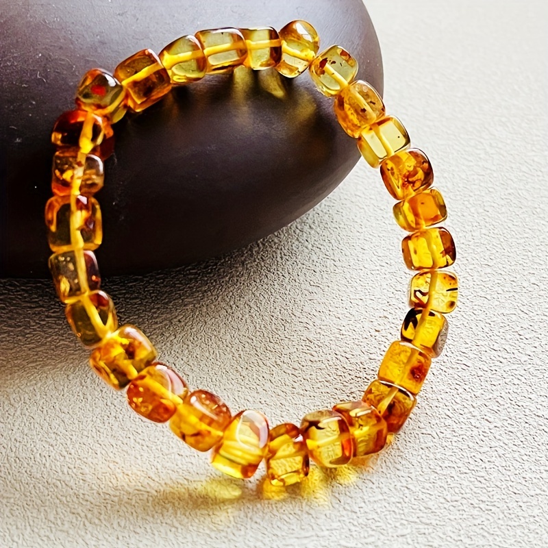 

1pc Natural Amber Flower Amber Bracelet, Geometric Square Beads Bracelet, Jewelry Gift For Men Women