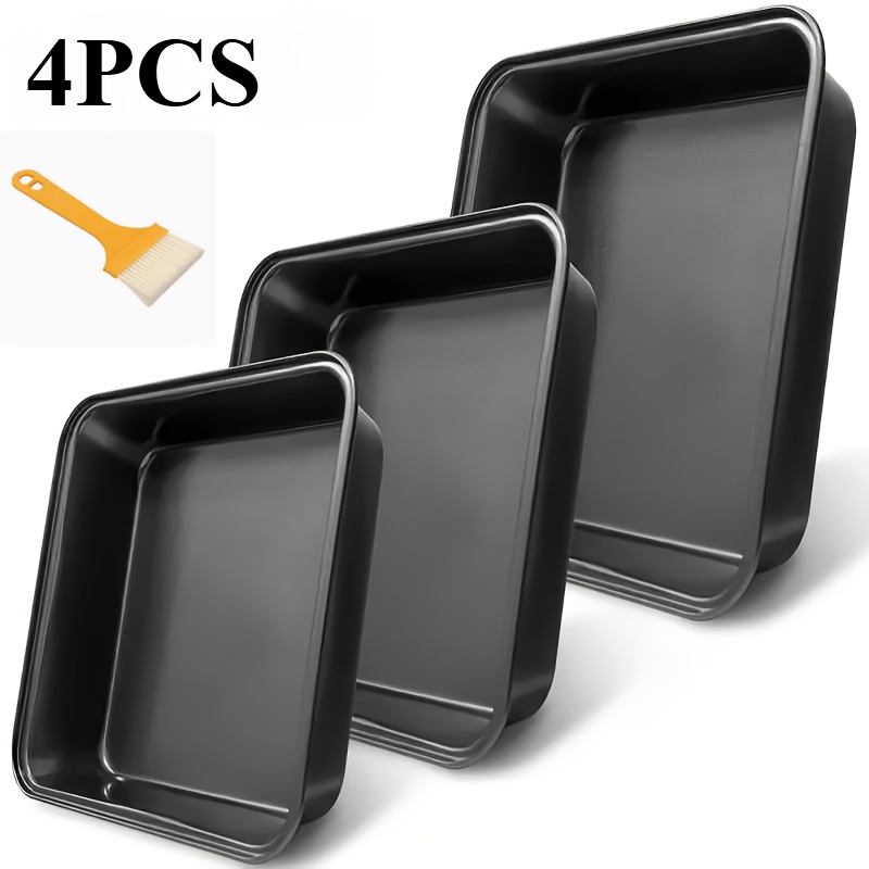 TEMU 4pcs Set: 3 Carbon Steel Baking Pans + 1 Bbq Brush, Combination Of 3 Sizes, Household Square Baking Pans, Food-safe And Durable. Suitable For