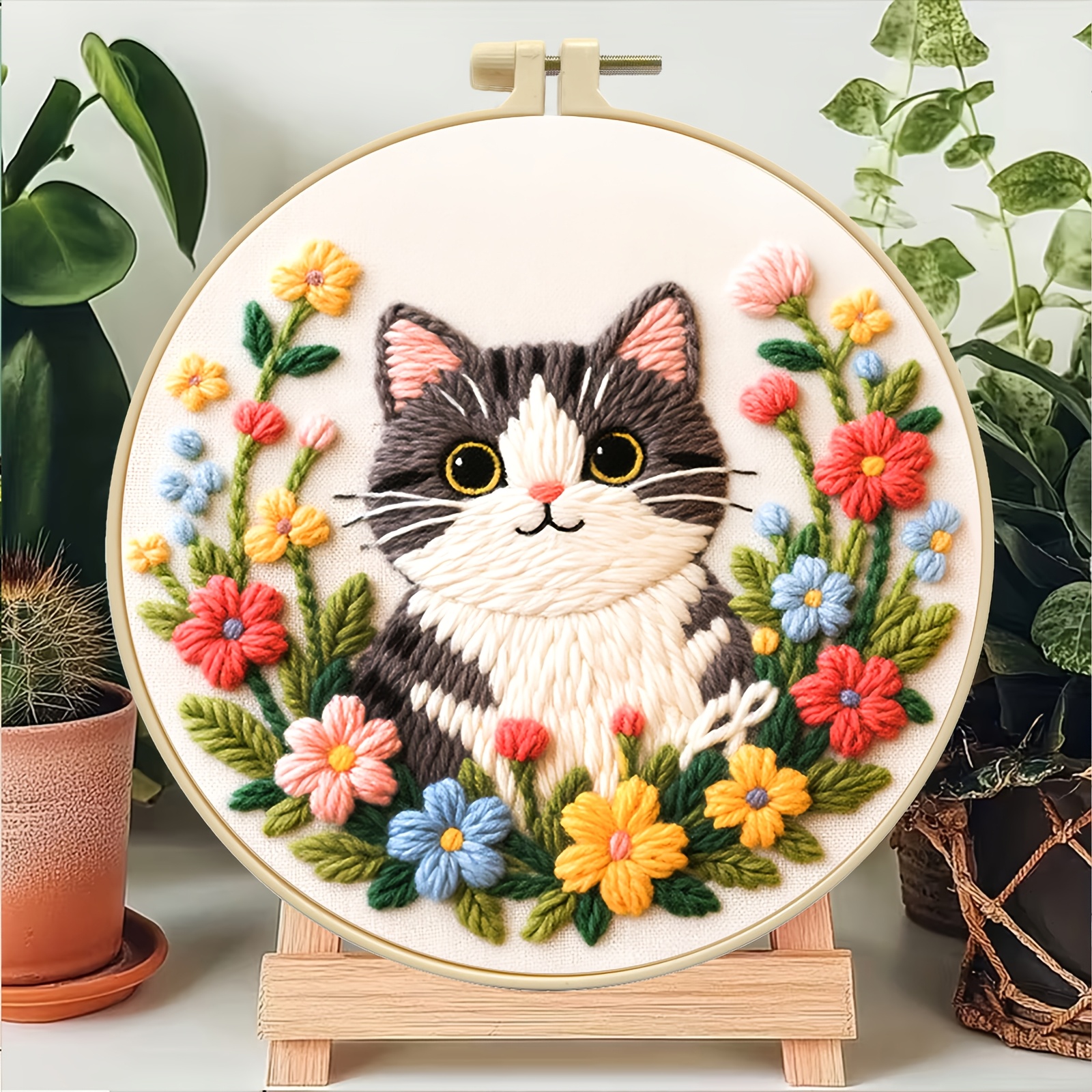 TEMU 1 Kit de Broderie Imprimée DIY, Kit de Broderie Main Chat et Fleurs, Kit de Démarrage de Peinture Décorative Art Moderne pour Débutants,