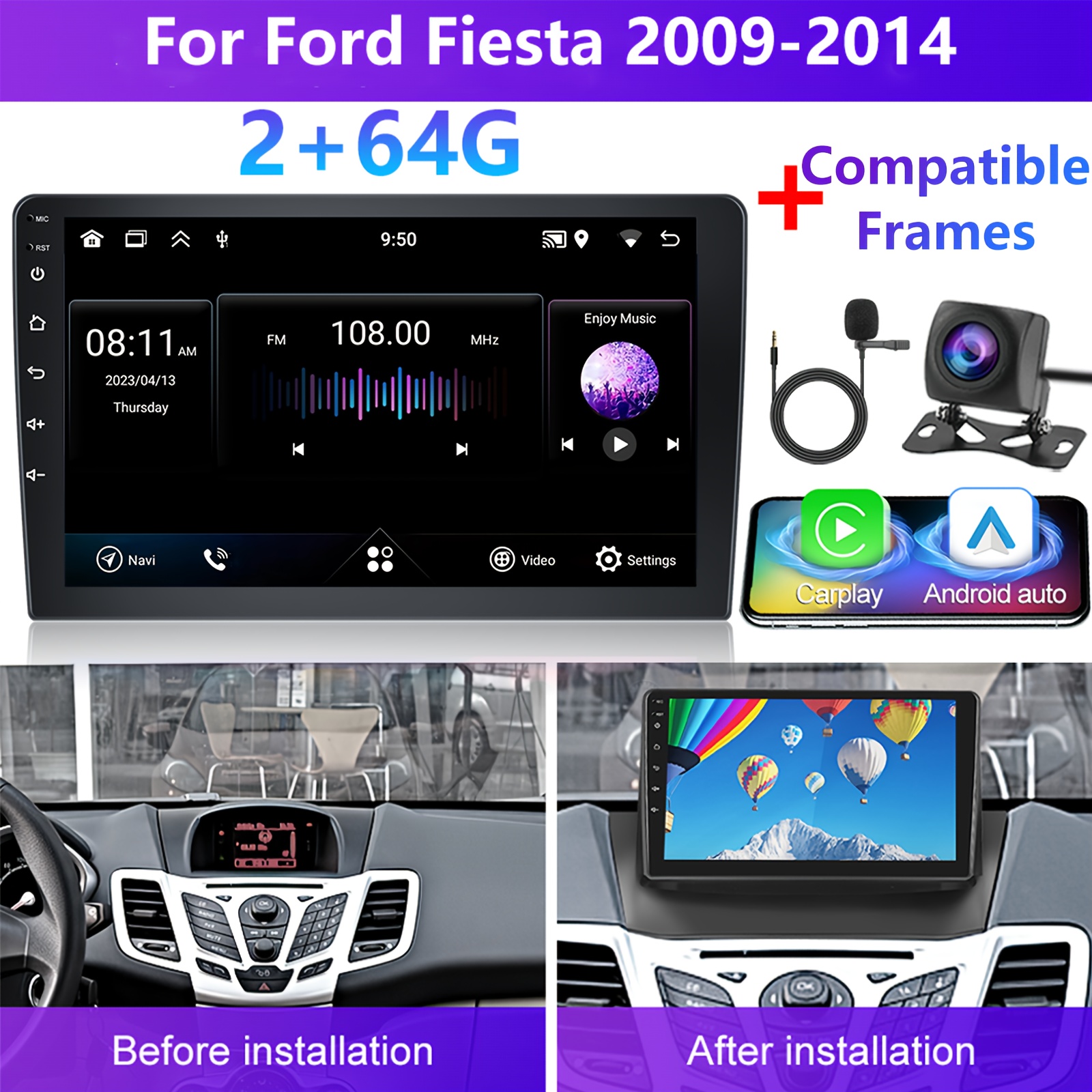 Image of [2g+64g]podofo 13 Car Stereo For Ford 2009-2014(frame Included) Double Din Auto, 9 Inch Touchscreen Car Din With Gps Navigation Wireless Fm Hifi Wifi Usb + Ahd Backup Camera + Mic