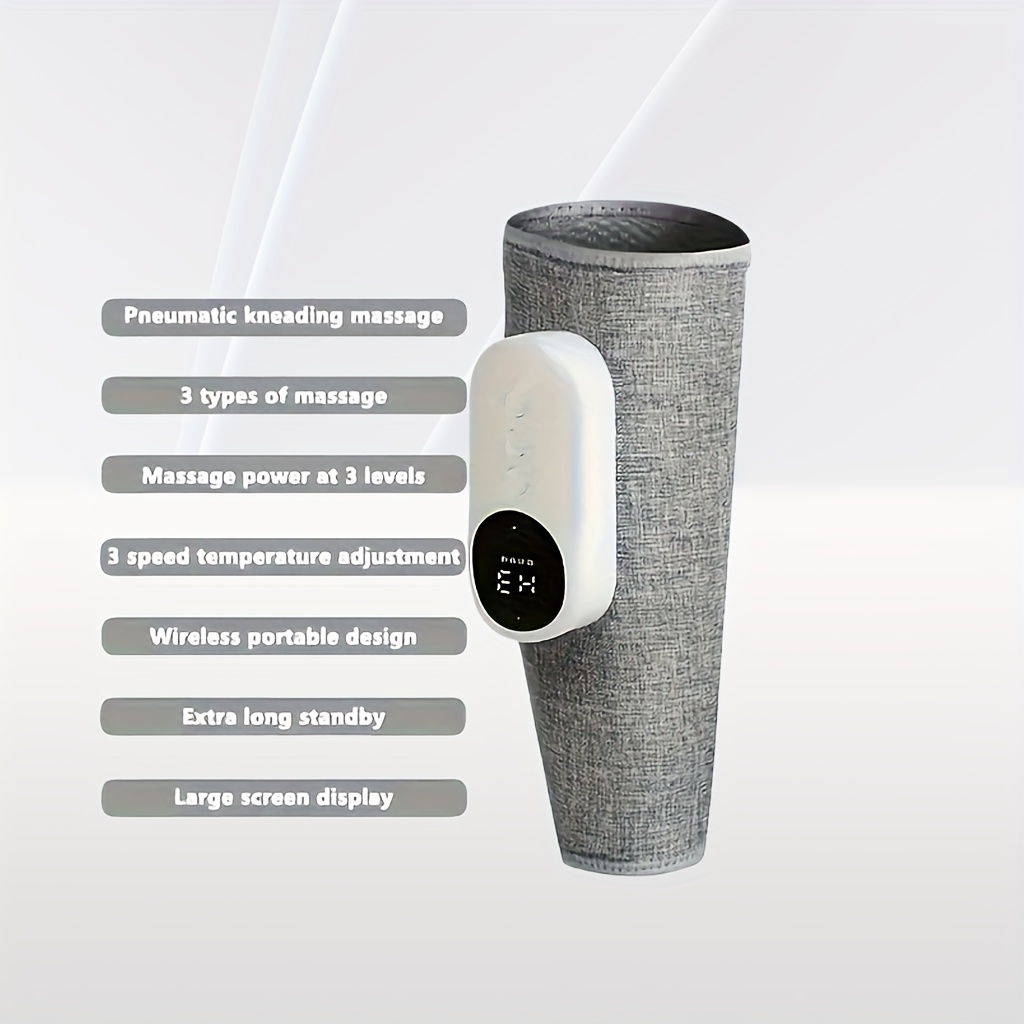air compression leg massager rechargeable with a 2000mah battery featuring 3   levels   temperature settings   with a 2000mah lithium polymer battery its portable and suitable for calves thighs and knees Product details 4