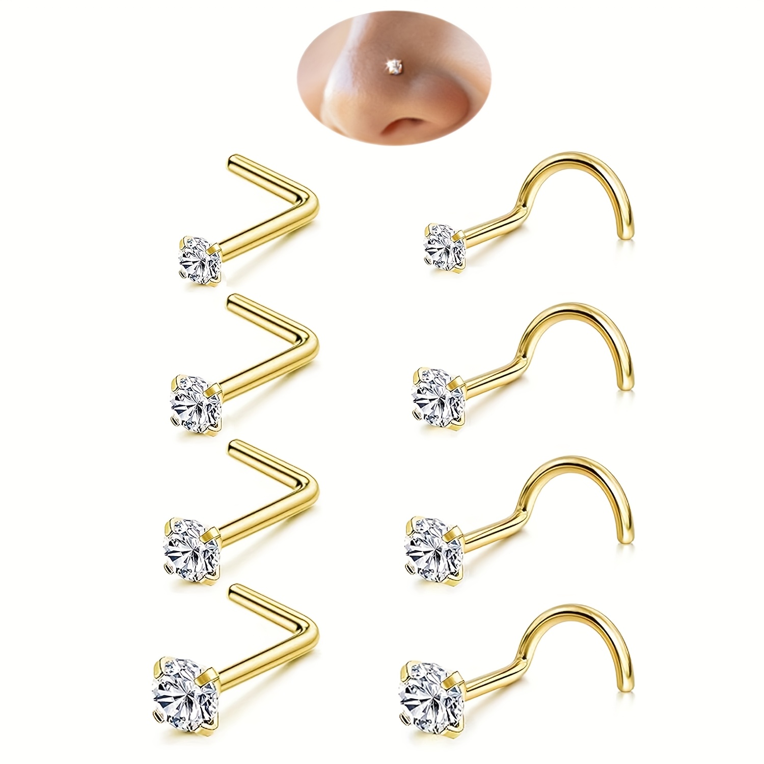 E-shop 8er Set Nasenring-Stecker für Damen und Herren - Hypoallergene goldene/silberne 316L chirurgische Edelstahl Nasenstecker L-förmige Korkschraube