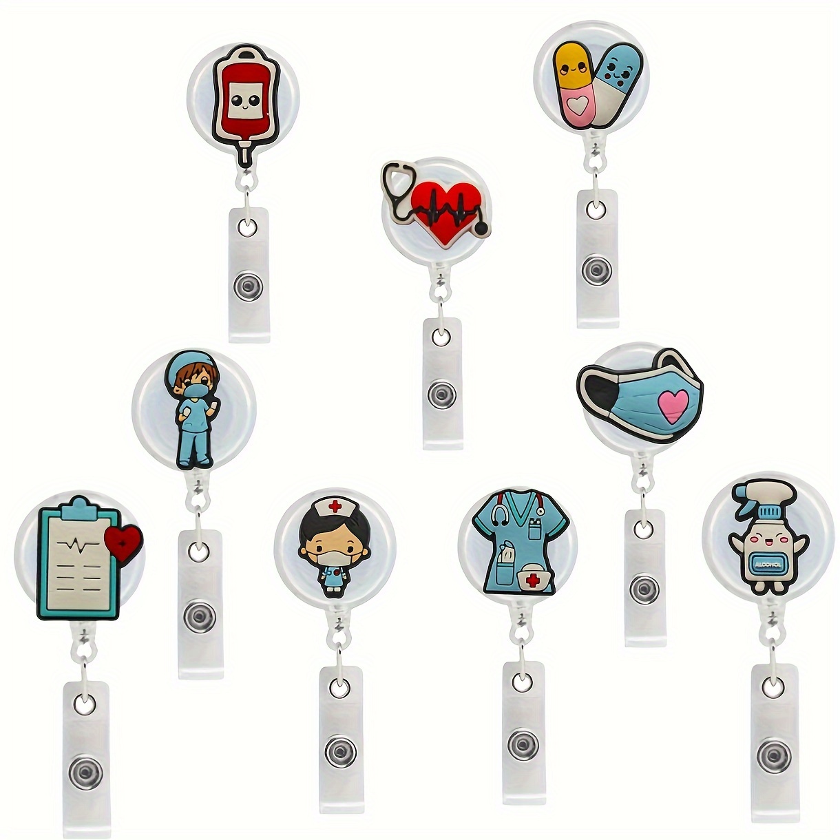 

9-piece Cartoon Medical Retractable Id Badge Holder Set, Nurse Name Tag Clip For Children And Office Staff, Durable Material, Fun Character Designs