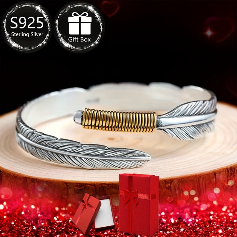 

1pc Simple Ethnic Style S925 Silver Retro Old Color Split Feather Bracelet Trend Men And Women Leaf Bracelet Female Bracelet, Is Very Convenient. The For Gifts