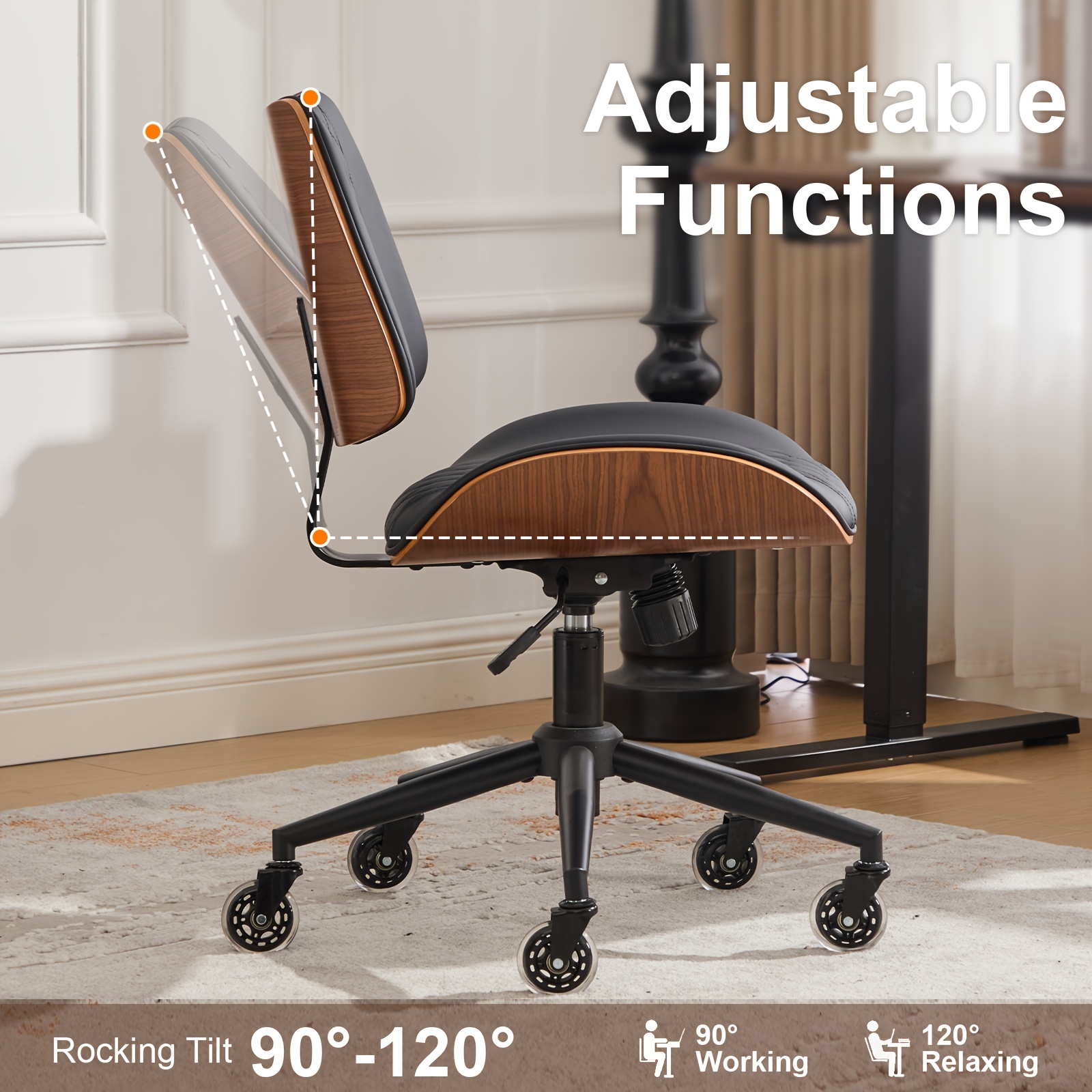 Armless Home Office Executive Chair, Desk Chair with Low Back Lumbar Support, Ergonomic Computer Desk Chair with 360° Swivel Wheels for Adult Work And Study, Black/Beige/Brown