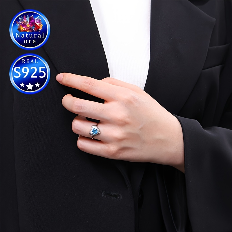 S925 Silver Topaz Adjustable Open Heart Ring
