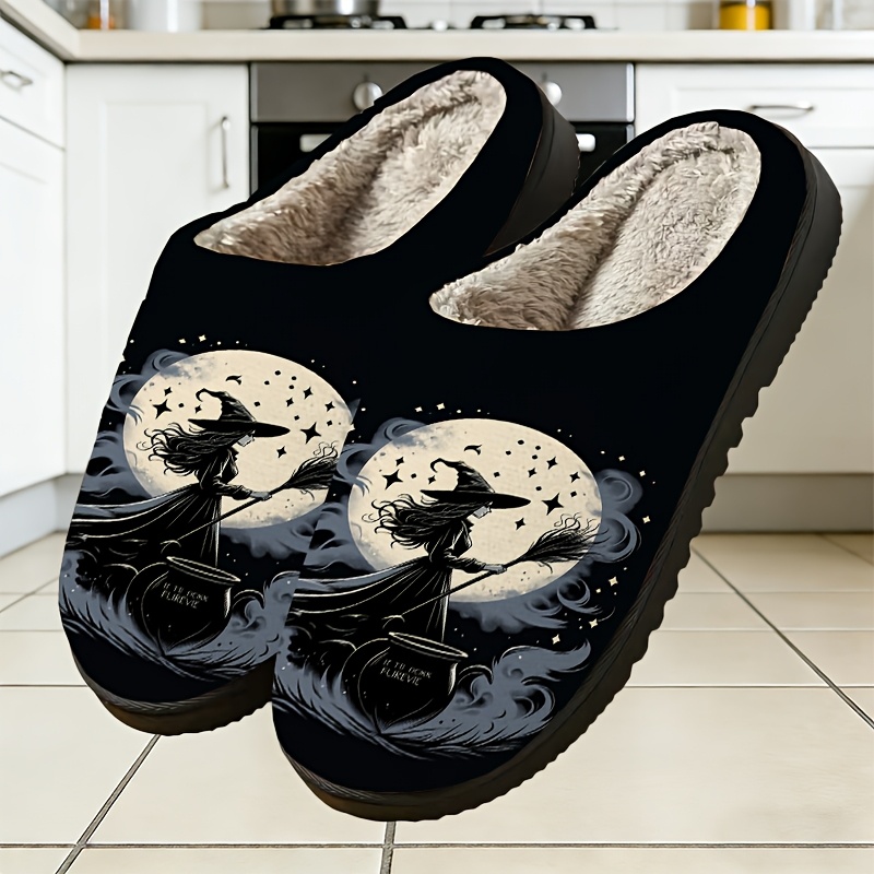 TEMU Men's & Women's Witch Broom Moon Pattern Slippers | Ultra Soft Plush Material, Cozy Fashionable Autumn Home Shoes, , Convenient Matches Home