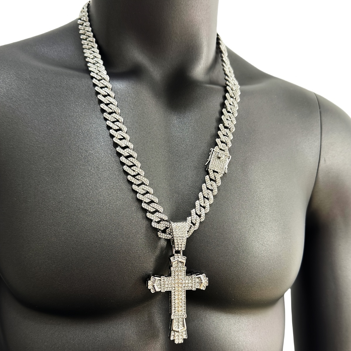 Image of Hip-hop Plus Size Large Pendant Full Rhinestones Double Layer Thickened Cross Hollow 14mm Wide Cuban Chain Necklace New Product Creative