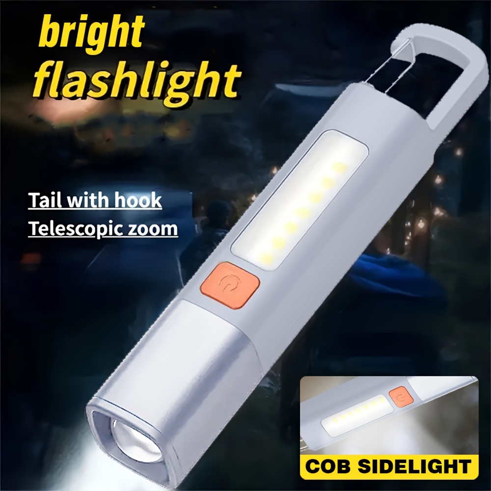 

1pc Led Torch Light, Bright Flashlight With Hook, Camping Light, Usb Rechargeable, Zoomable, Outdoor Emergency Hiking Lights