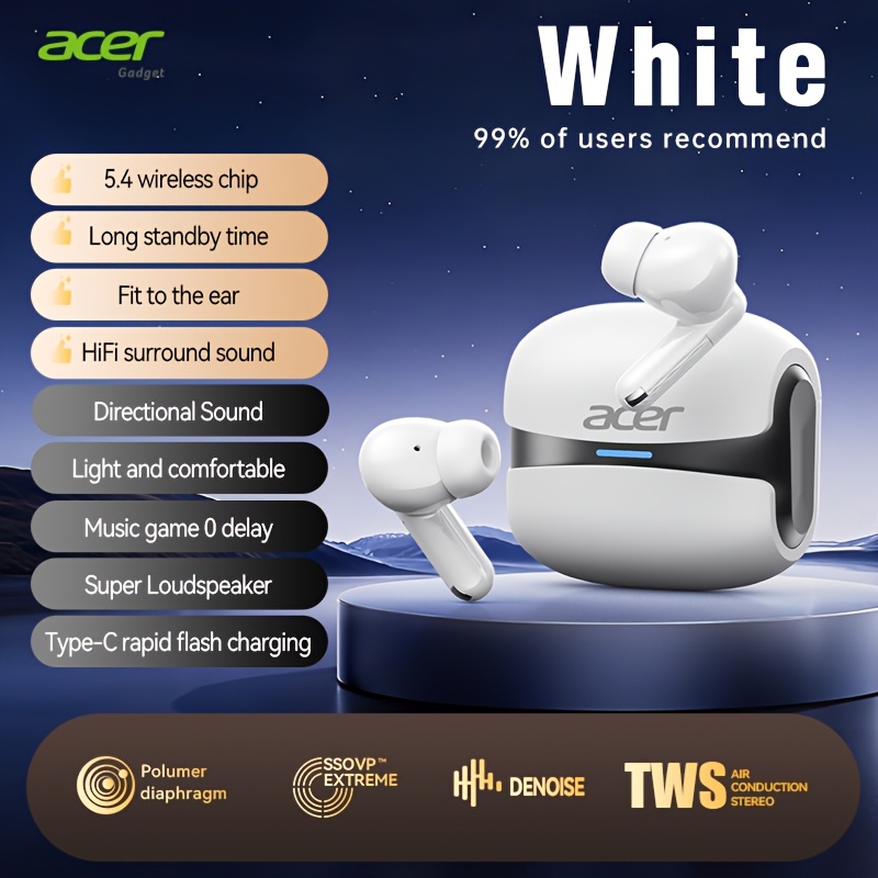 Acer Ohr548 Wireless Earbuds With Active Noise Cancellation, In-ear Headphones Featuring Strong , Extended , Universal , Comfortable Design, Noise-isolating Headphones
