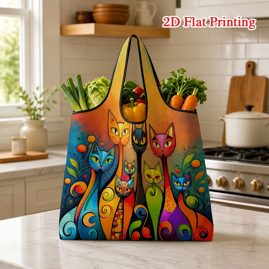 TEMU 1pc Colorful Abstract Art Cat Pattern 2d Printed Shopping Bag, Suitable For Grocery Shopping And Travel, Machine Washable With Shoulder Strap,