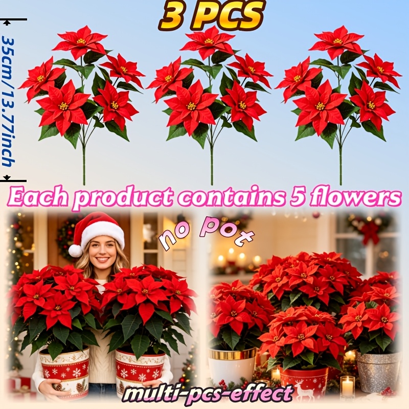 TEMU 15 Flowers, 3pcs Light Luxury Artificial Poinsettias, Artificial Flowers Suitable For Christmas Home Decor, Table Centerpieces, Wedding