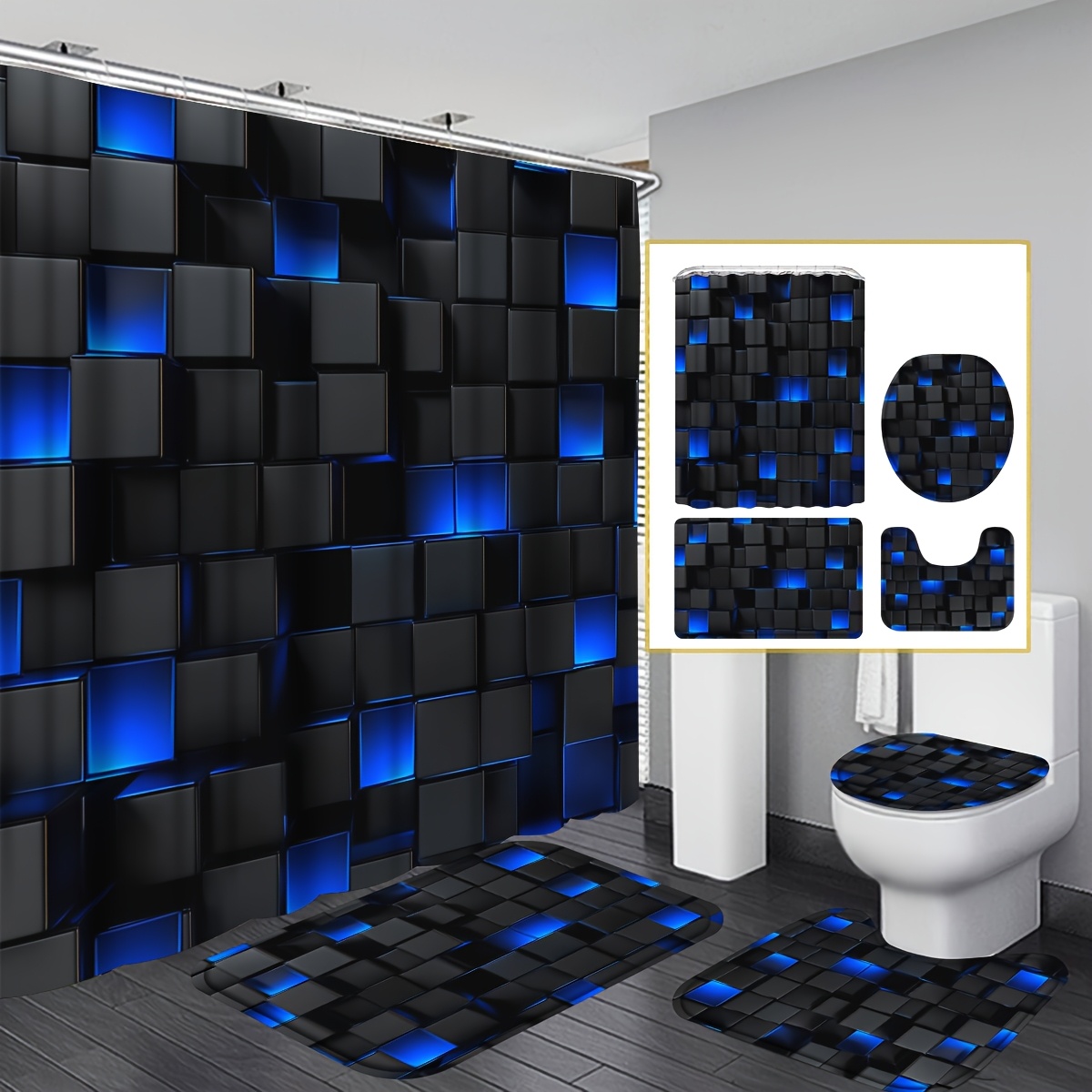 TEMU Complete Bathroom Set Featuring A Dark Blue , Including A Blue-black Shower Curtain, 12 Hooks, A, And A Seat Cover, All With A Modern Abstract Cube Pattern