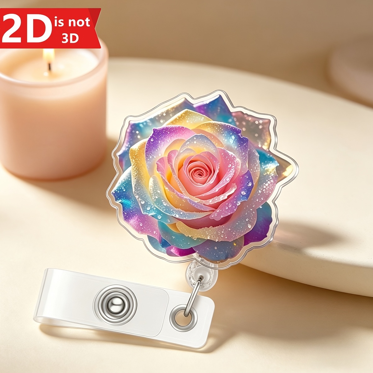 TEMU 2d Rose Retractable Badge Clip With Vibrant Multicolor Gradient & Sparkling Accents - Durable Acrylic Id Holder For Nurses, Students, Name Tags,