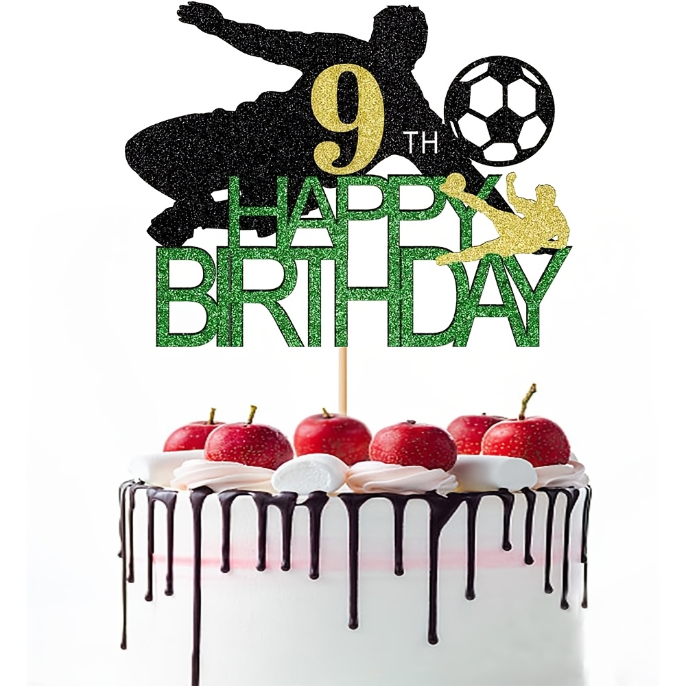 1pc Glitter 9th Birthday Cake Topper, Soccer Theme Cake Picks, 9 Years Old Birthday Ball Party Decorations Supplies