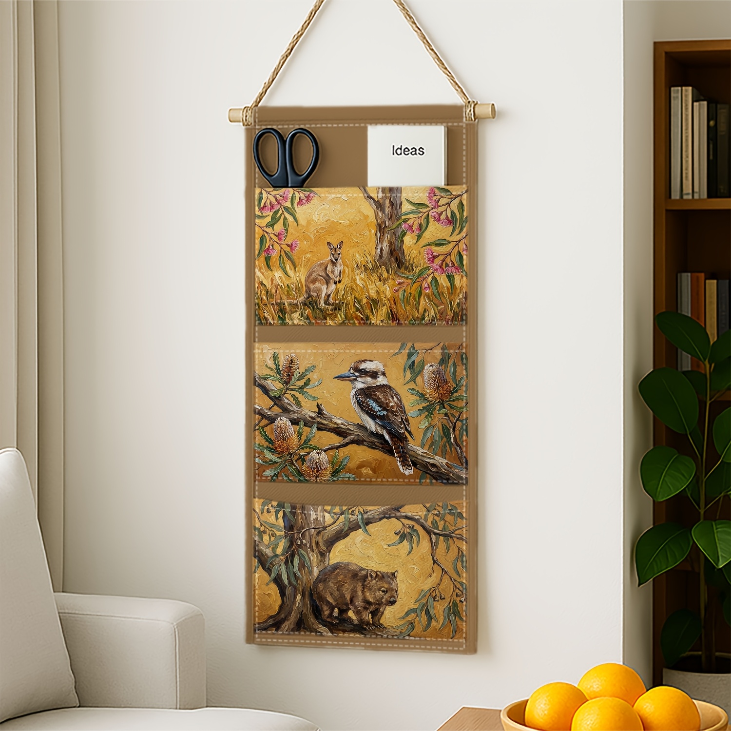 TEMU 1pc Wall-mounted Fabric Storage Shelf With Australian Nature Rustic-kangaroo Wombat Oil Painting,3-pocket Hanging Organizer Suitable For Living