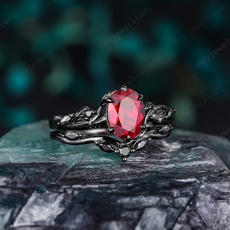 vintage style black oval synthetic ruby engagement ring set Temu