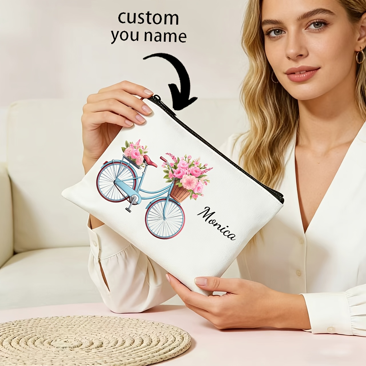 TEMU 1pc Personalized Custom Bicycle-themed Makeup Bag Suitable For Home, Travel & School - Custom Name/initials/, Durable Clutch With Bicycle Print
