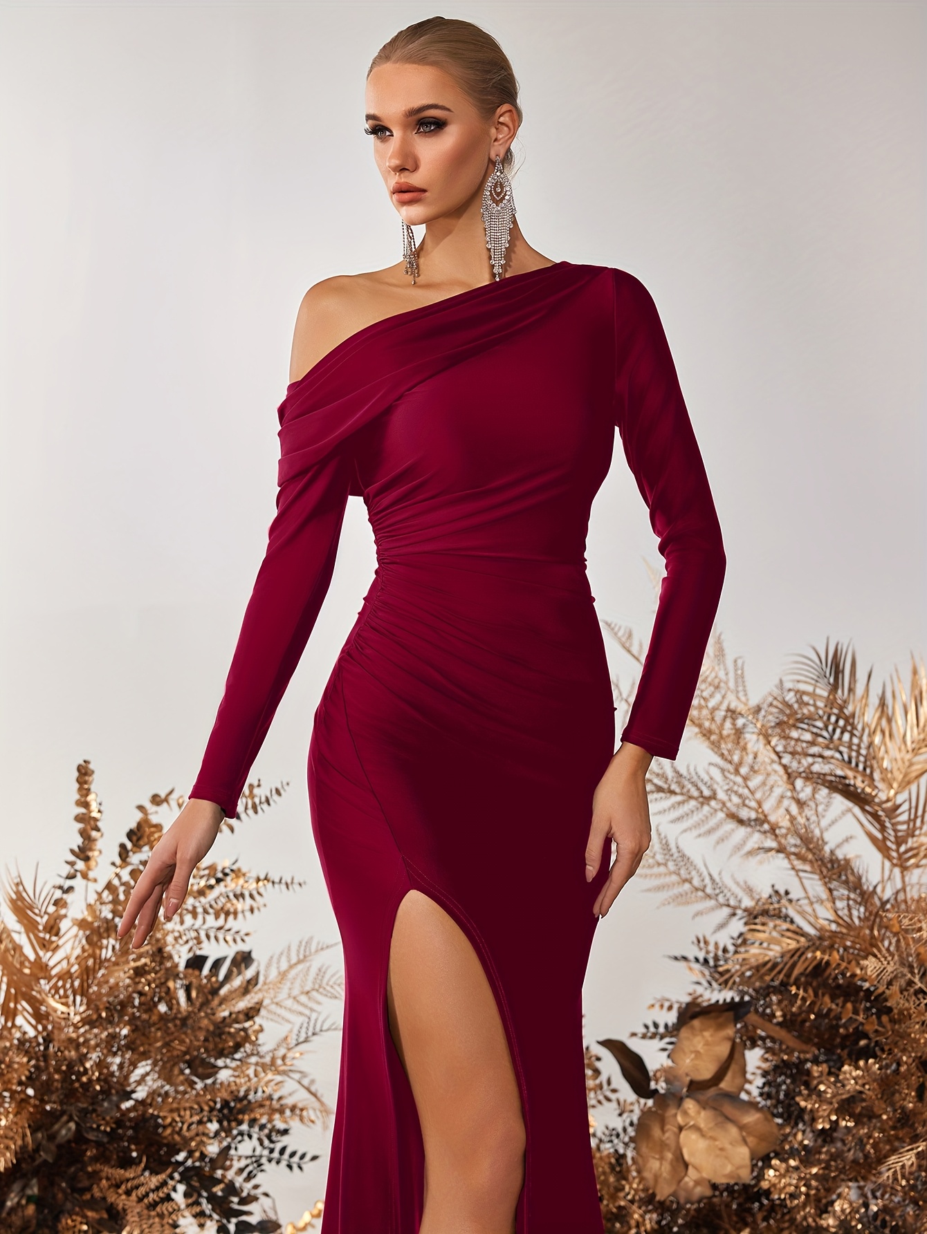 solid color single shoulder long sleeve split front party - Temu Oman