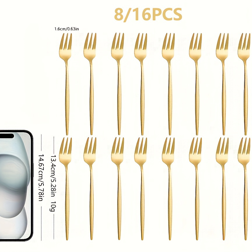 

8/16pcs High Quality Stainless Steel 5.35 Inch Salad Fork/dessert Fork/fruit Fork, Mirror Polished, European , Healthy Life Starts With Tableware, Dishwasher Safe (golden)