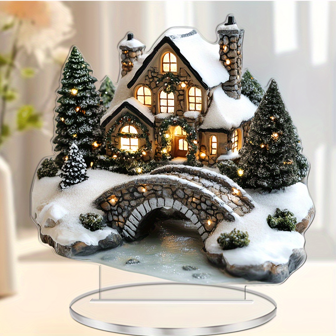 TEMU Acrylic Snowy Christmas House With Tree Display (7.1'''') - Holiday Tabletop Decor With Stand,