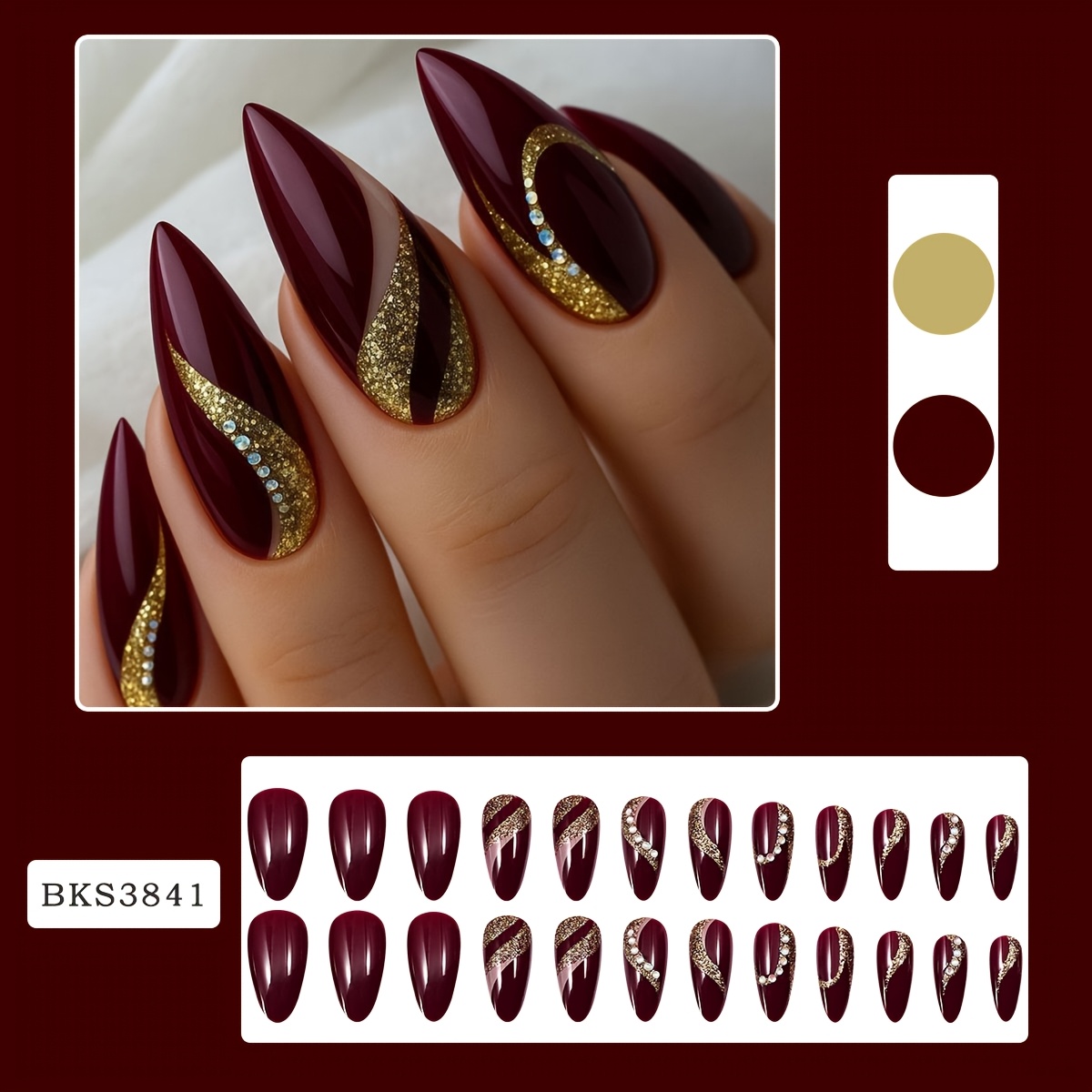 E-shop 24-tlg. mittelgroße Mandelförmige Französische Nageldesigns zum Aufdrücken, Mandelform, rotbraun gestreift mit Glitzer-Einlage, Acrylnägel,