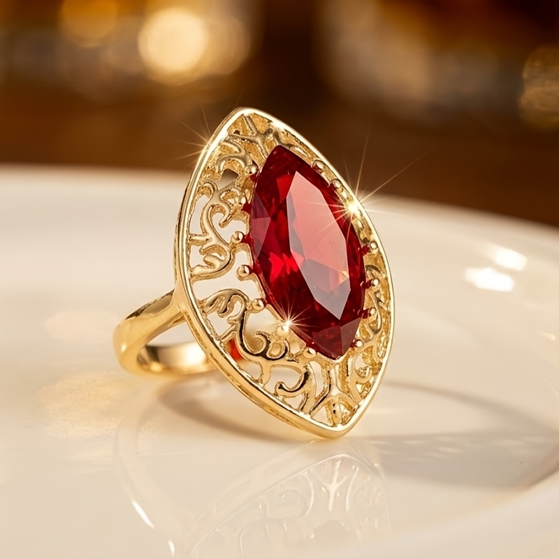 Bohemian-Style Red Glass Women's Vintage Openwork Ring