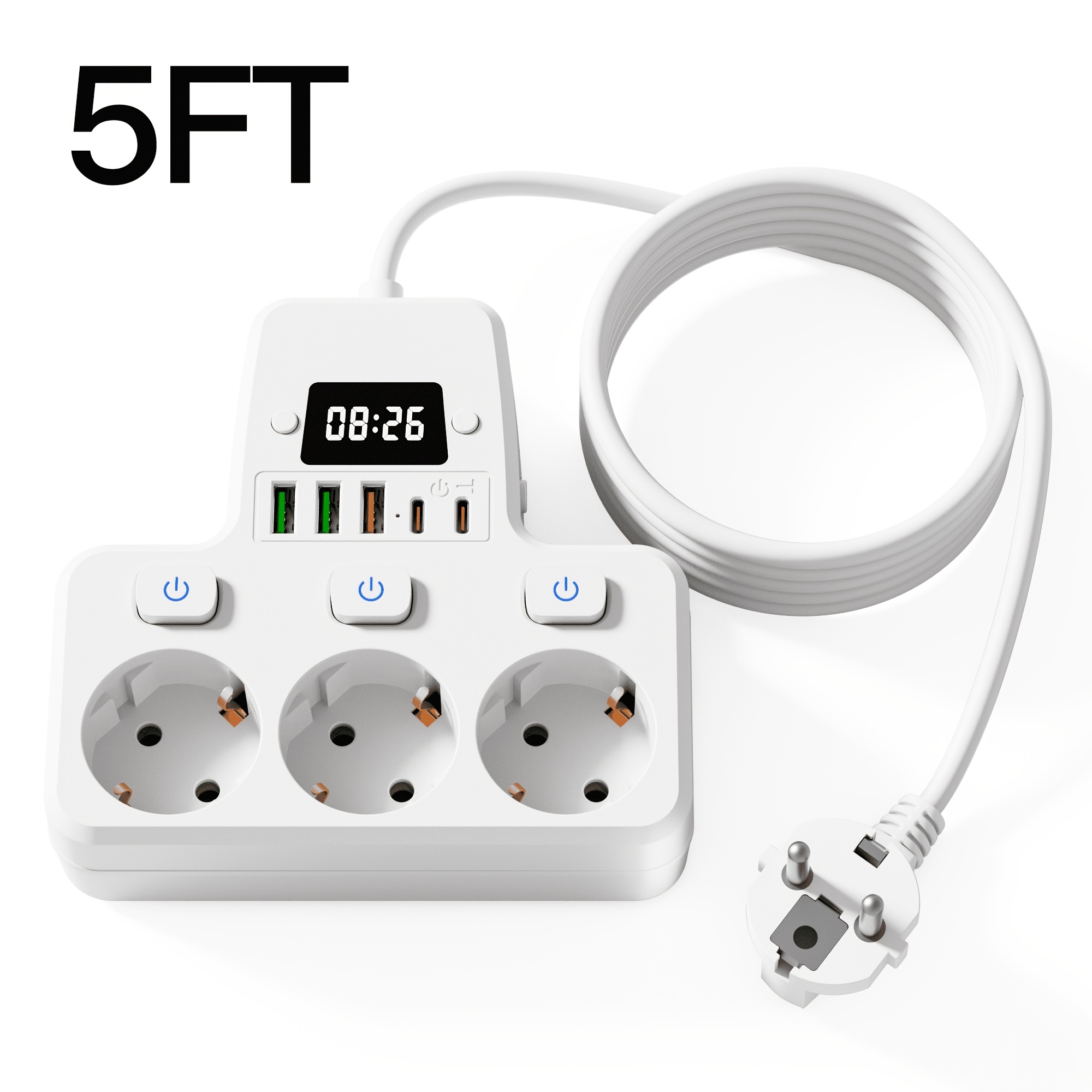 Image of Eu Extension Cord Power Strip, 3 Ac Outlets, 3 Usb & 2 Type-c Ports, Digital Clock Display, Individual Switches & Indicators, Black & White 2 Colors
