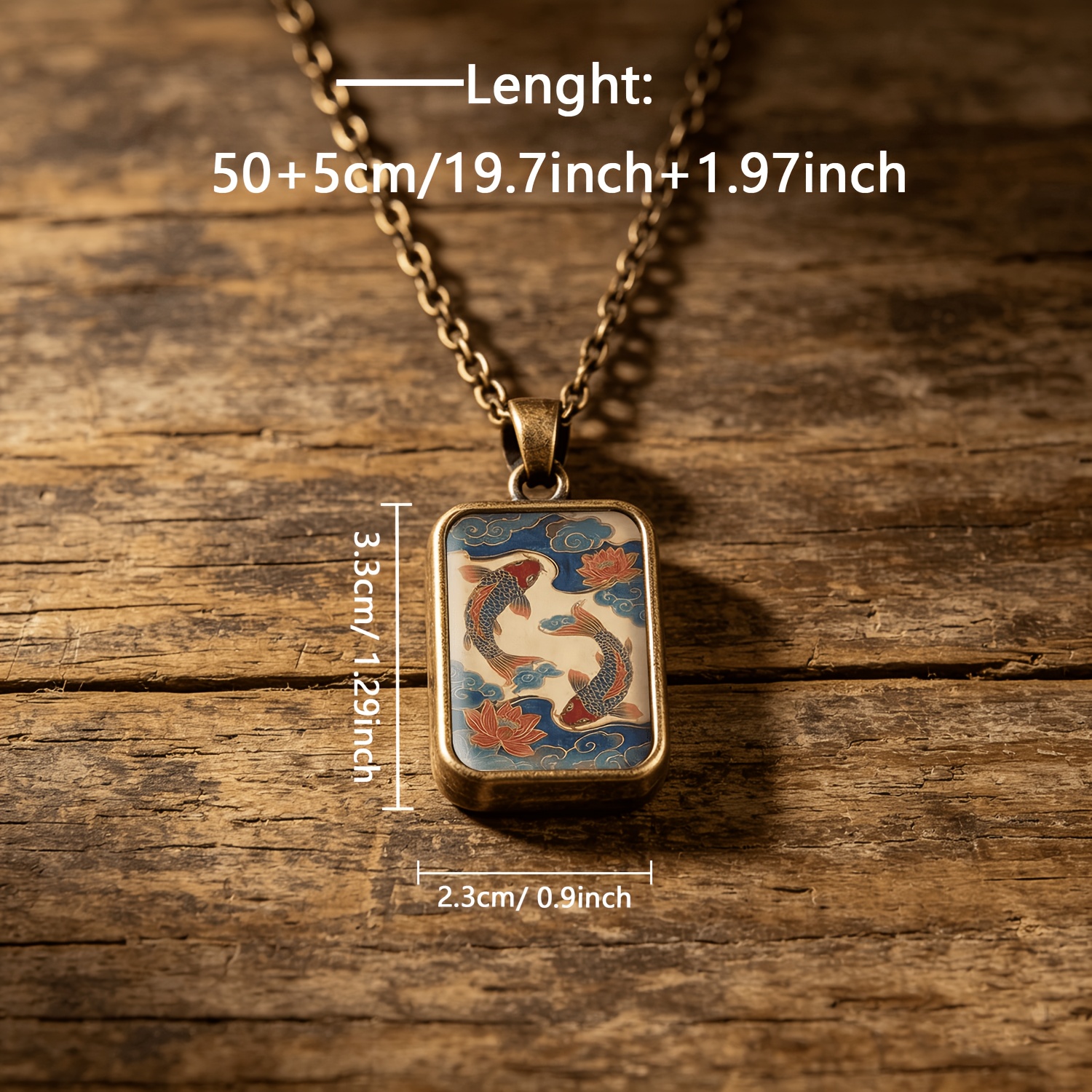 Double-Sided Square Glass Koi Fish Pendant Necklace, Men's